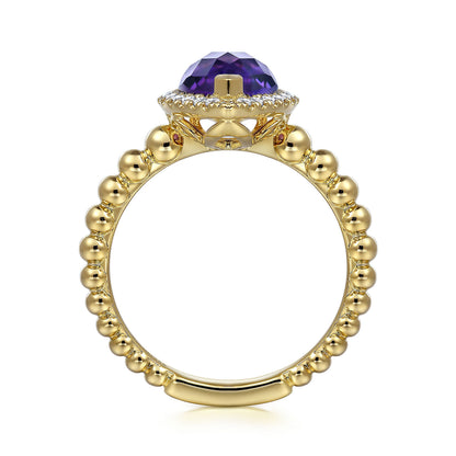 14K Yellow Gold Pear Shape Amethyst with Diamond Halo Ring