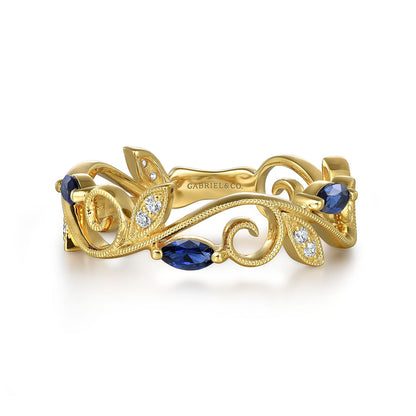 14K Yellow Gold Diamond and Blue Sapphire Filigree Pattern Stackable Ladies Ring