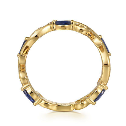 14K Yellow Gold Diamond and Blue Sapphire Filigree Pattern Stackable Ladies Ring