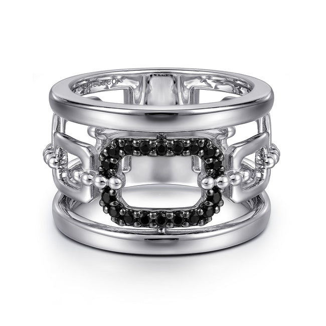 925 Sterling Silver Black Spinel Bujukan Wide Link Chain Band Ladies Ring