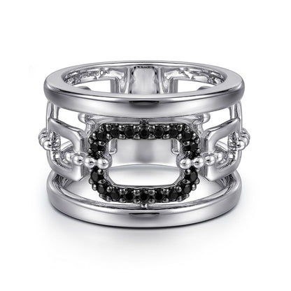 925 Sterling Silver Black Spinel Bujukan Wide Link Chain Band Ladies Ring