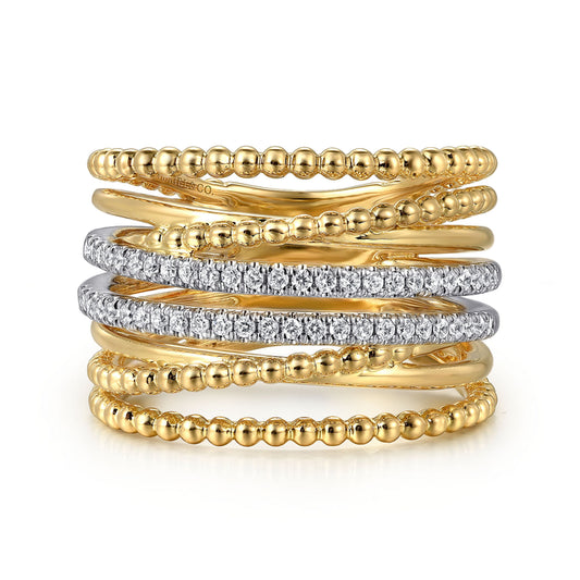 14K White and Yellow Gold Diamond Bujukan Easy Stackable Ladies Ring