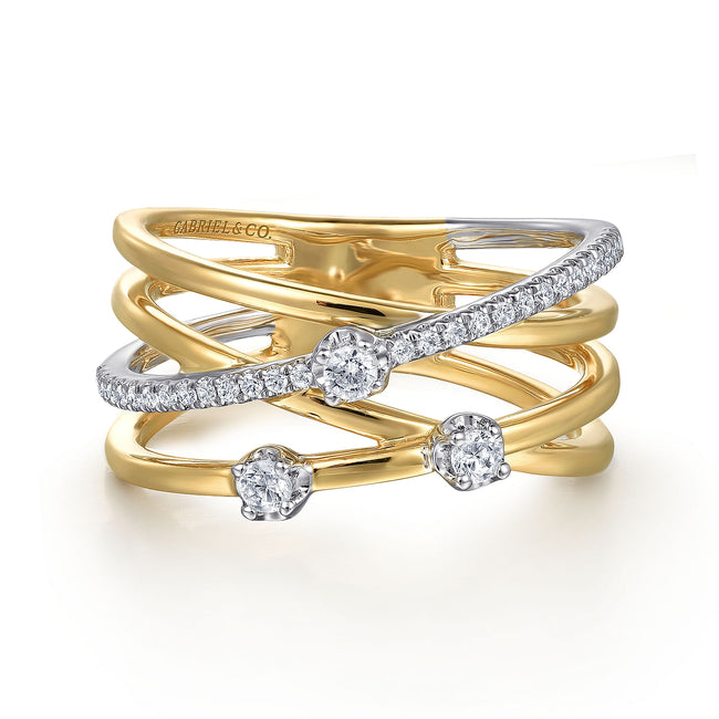 14K White and Yellow Gold Diamond Criss Cross Ladies Ring