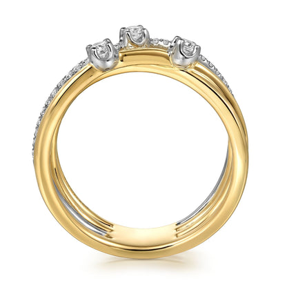14K White and Yellow Gold Diamond Criss Cross Ladies Ring