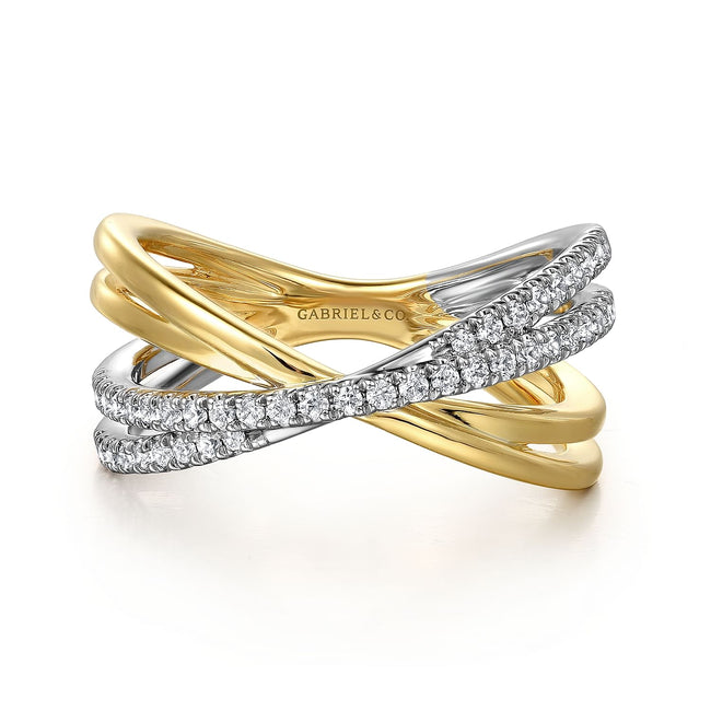 14K White and Yellow Gold Diamond Criss Cross Ladies Ring