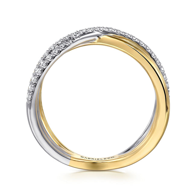 14K White and Yellow Gold Diamond Criss Cross Ladies Ring