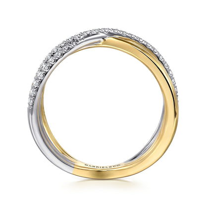 14K White and Yellow Gold Diamond Criss Cross Ladies Ring