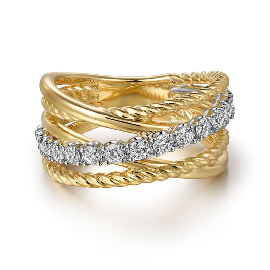 14K White and Yellow Gold Diamond Rope Twisted Ladies Ring