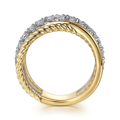 14K White and Yellow Gold Diamond Rope Twisted Ladies Ring