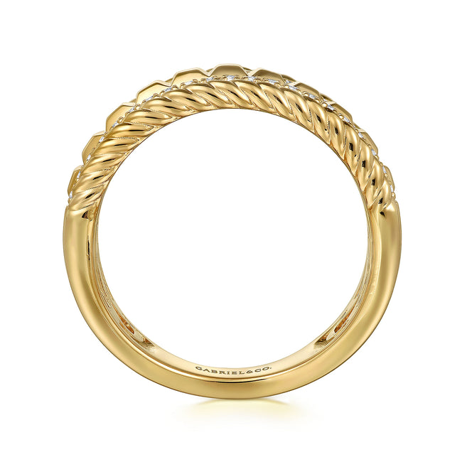 14K Yellow Gold Diamond and Rope Wide Band Ladies Ring