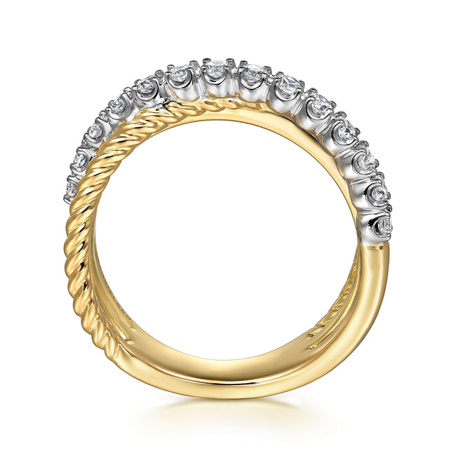 14K White and Yellow Gold Diamond And Rope Criss Cross Ladies Ring