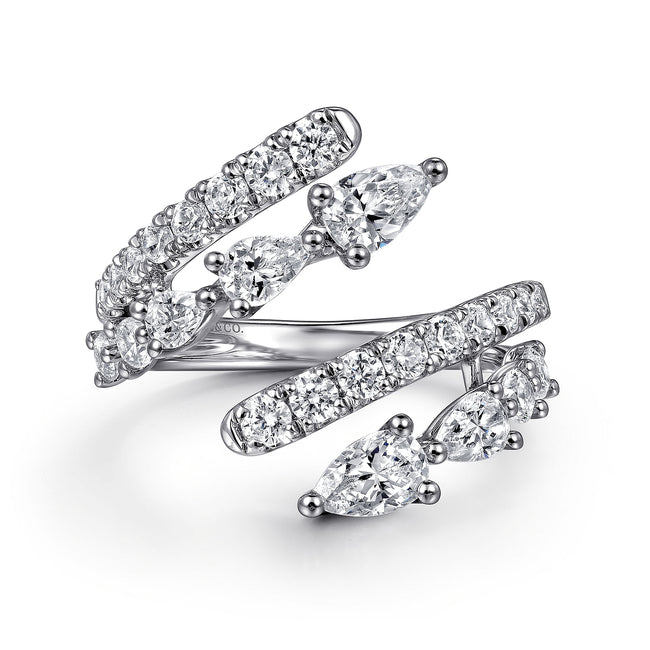 18K White Gold Diamond Double Row Bypass Ladies Ring