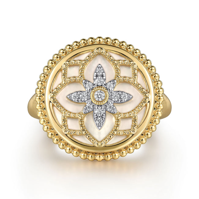 14K Yellow Gold Diamonds and White Mother of Pearl Bujukan Signet Ring
