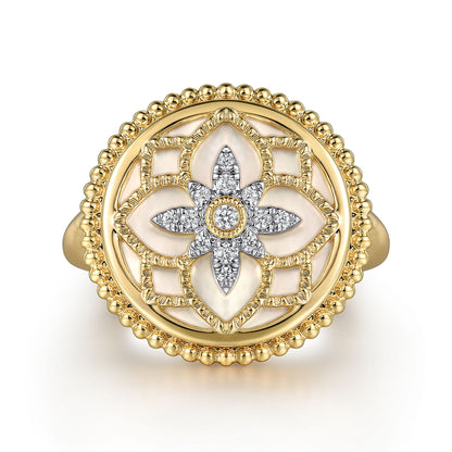 14K Yellow Gold Diamonds and White Mother of Pearl Bujukan Signet Ring