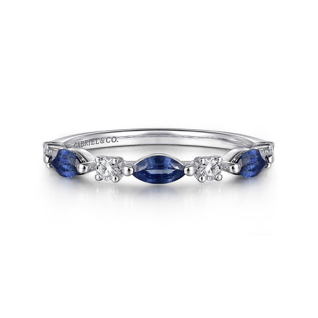 14K White Gold Diamonds and Marquise Blue Sapphire Fashion Ladies Ring