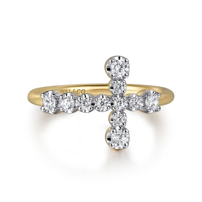 14K Yellow Gold Horizontal Diamond Cross Ladies Ring