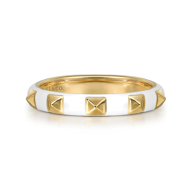 14K Yellow Gold Pyramid Stackable with White Enamel