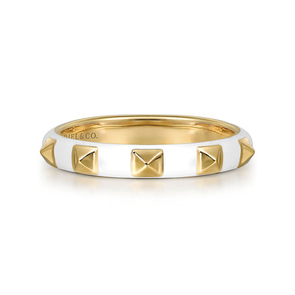 14K Yellow Gold Pyramid Stackable with White Enamel