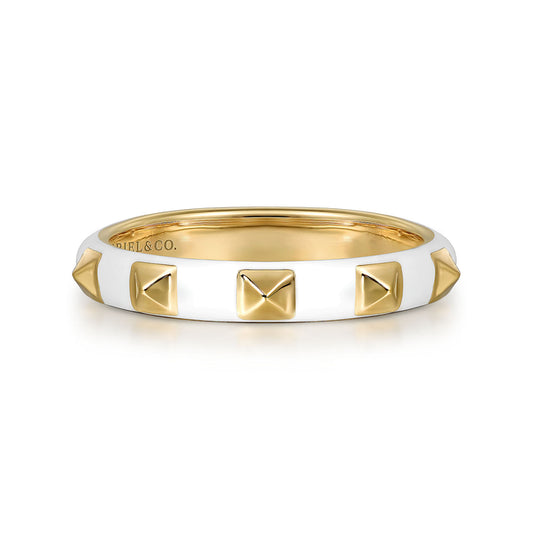 14K Yellow Gold Pyramid Stackable with White Enamel