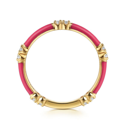 14K Yellow Gold Diamond Station Stackable with Fuchsia Enamel