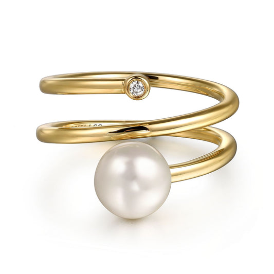 14K Yellow Gold Diamond and Pearl Bypass Ring