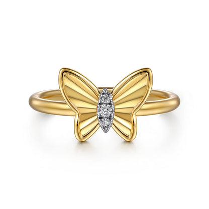 14K Yellow Gold Diamond Diamond Cut Butterfly Ring