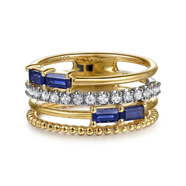 14K White & Yellow Gold Baguette Sapphire and Diamond Easy Stackable Ring