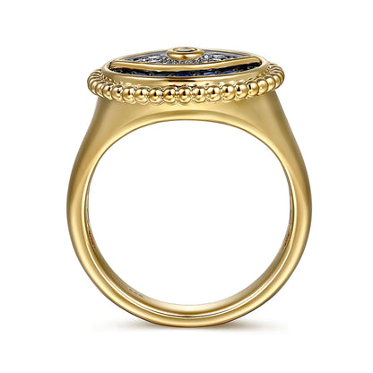 14K Yellow Gold Bujukan Diamond and Multi Stones Evil Eye Signet Ring