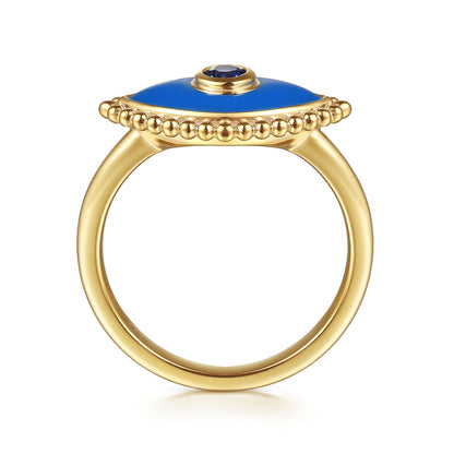 14K Yellow Gold Bujukan Sapphire Evil Eye Ring with Blue Enamel