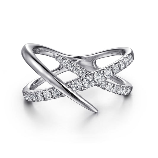 14K White Gold Graduating Diamond Spike Criss Cross Ring