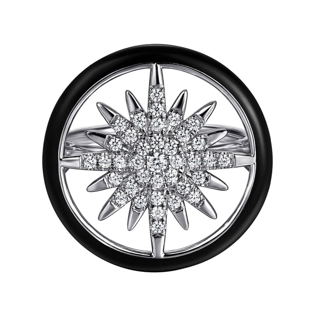 14K White Gold Diamond StarBurst Signet Ring with Black Enamel