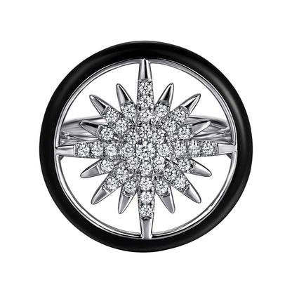 14K White Gold Diamond StarBurst Signet Ring with Black Enamel