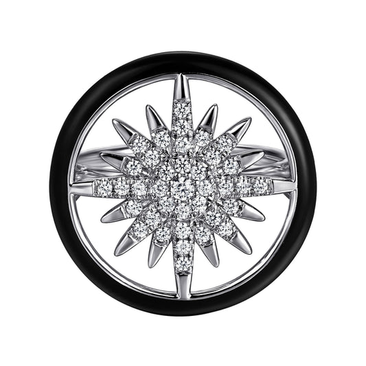 14K White Gold Diamond StarBurst Signet Ring with Black Enamel