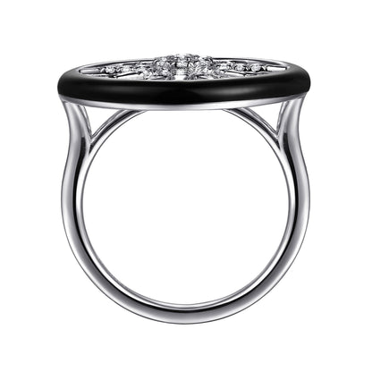 14K White Gold Diamond StarBurst Signet Ring with Black Enamel