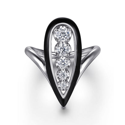 14K White Gold Graduating Diamond Chevron Ring with Black Enamel