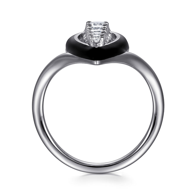 14K White Gold Graduating Diamond Chevron Ring with Black Enamel