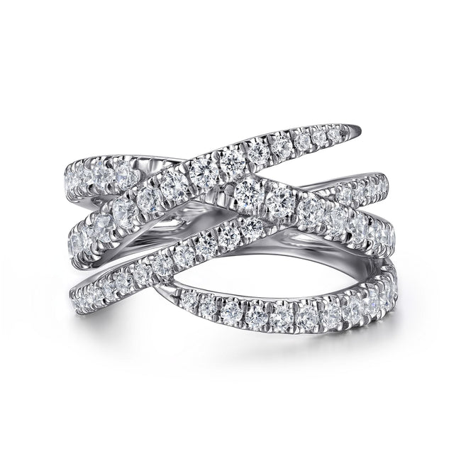 14K White Gold Graduating Diamond Spike Criss Cross Ring