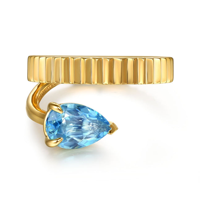 14K Yellow Gold Pear Shape Blue Topaz and Diamond Cut Ladies Ring
