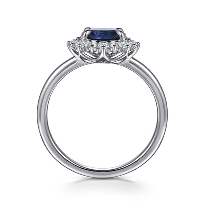 14K White Gold Diamond Halo and Oval Sapphire Classic Ladies Ring