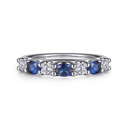 14K White Gold Diamond and Oval Sapphire Band Ring