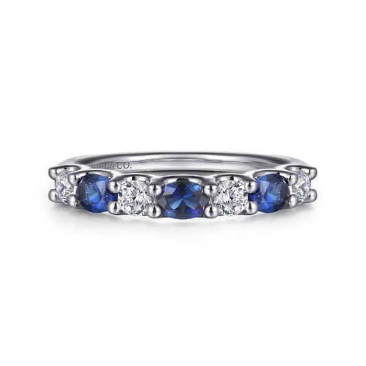 14K White Gold Diamond and Oval Sapphire Band Ring