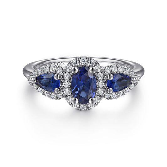 14K White Gold Sapphire and Diamond Halo Ladies Ring