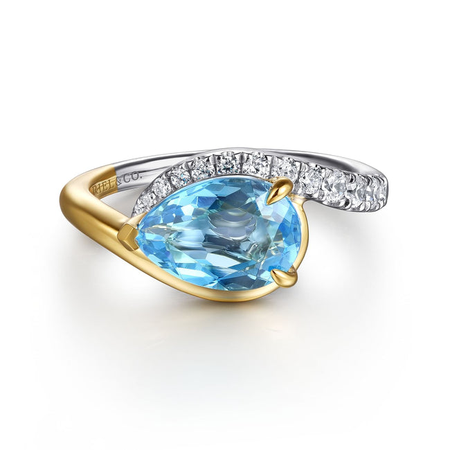 14K White and Yellow Gold Diamond and Pear Blue Topaz Bypass Ladies Ring