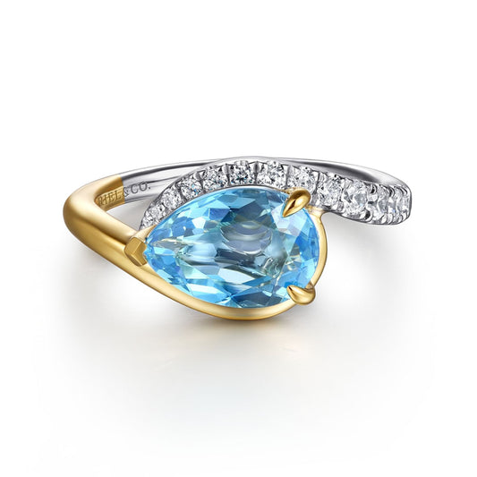 14K White and Yellow Gold Diamond and Pear Blue Topaz Bypass Ladies Ring