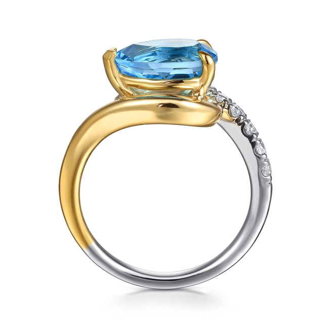 14K White and Yellow Gold Diamond and Pear Blue Topaz Bypass Ladies Ring