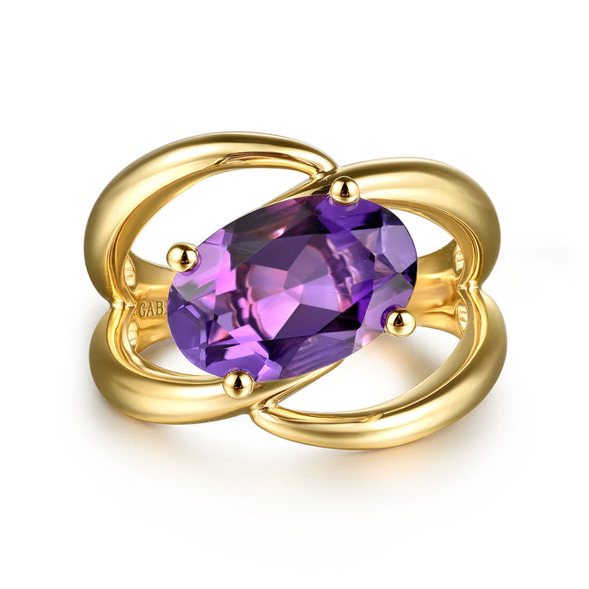 14K Yellow Gold Oval Amethyst Twist Ladies Ring