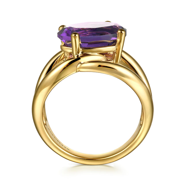 14K Yellow Gold Oval Amethyst Twist Ladies Ring
