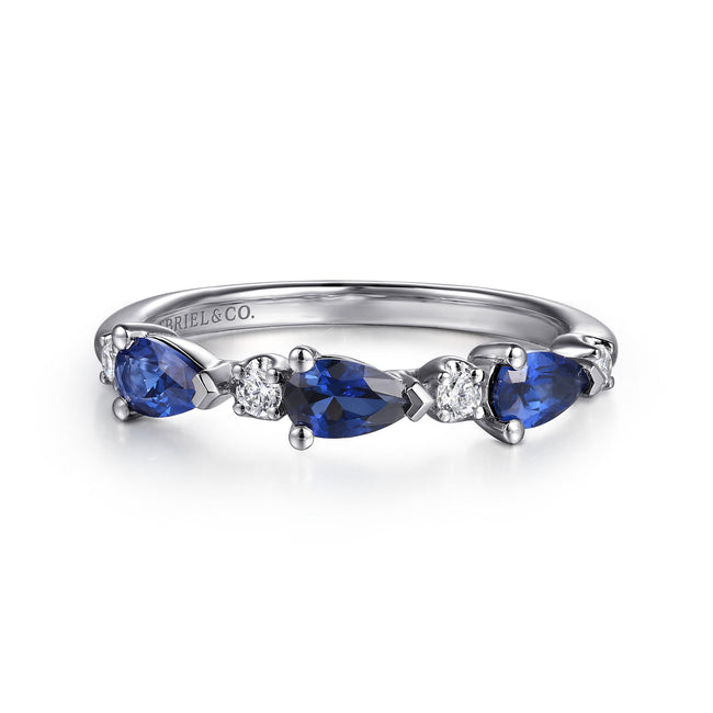 14K White Gold Diamond and Pear Sapphire Ladies Ring