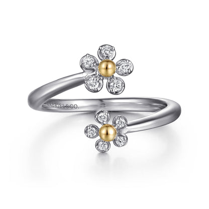 14K Yellow Gold & 925 Sterling Silver Diamond Flower Bypass Ring