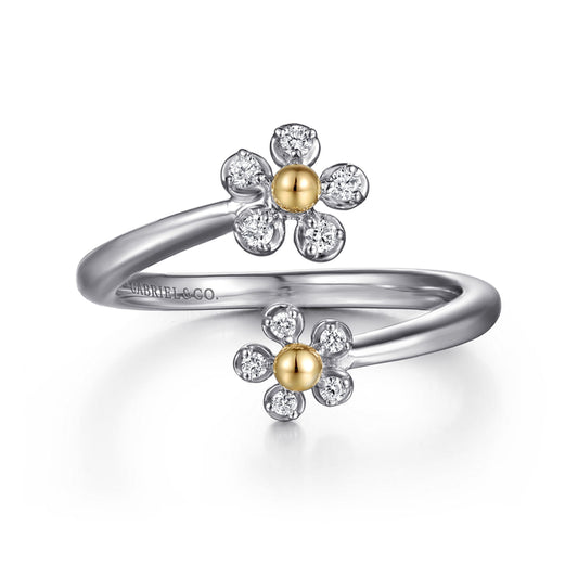14K Yellow Gold & 925 Sterling Silver Diamond Flower Bypass Ring